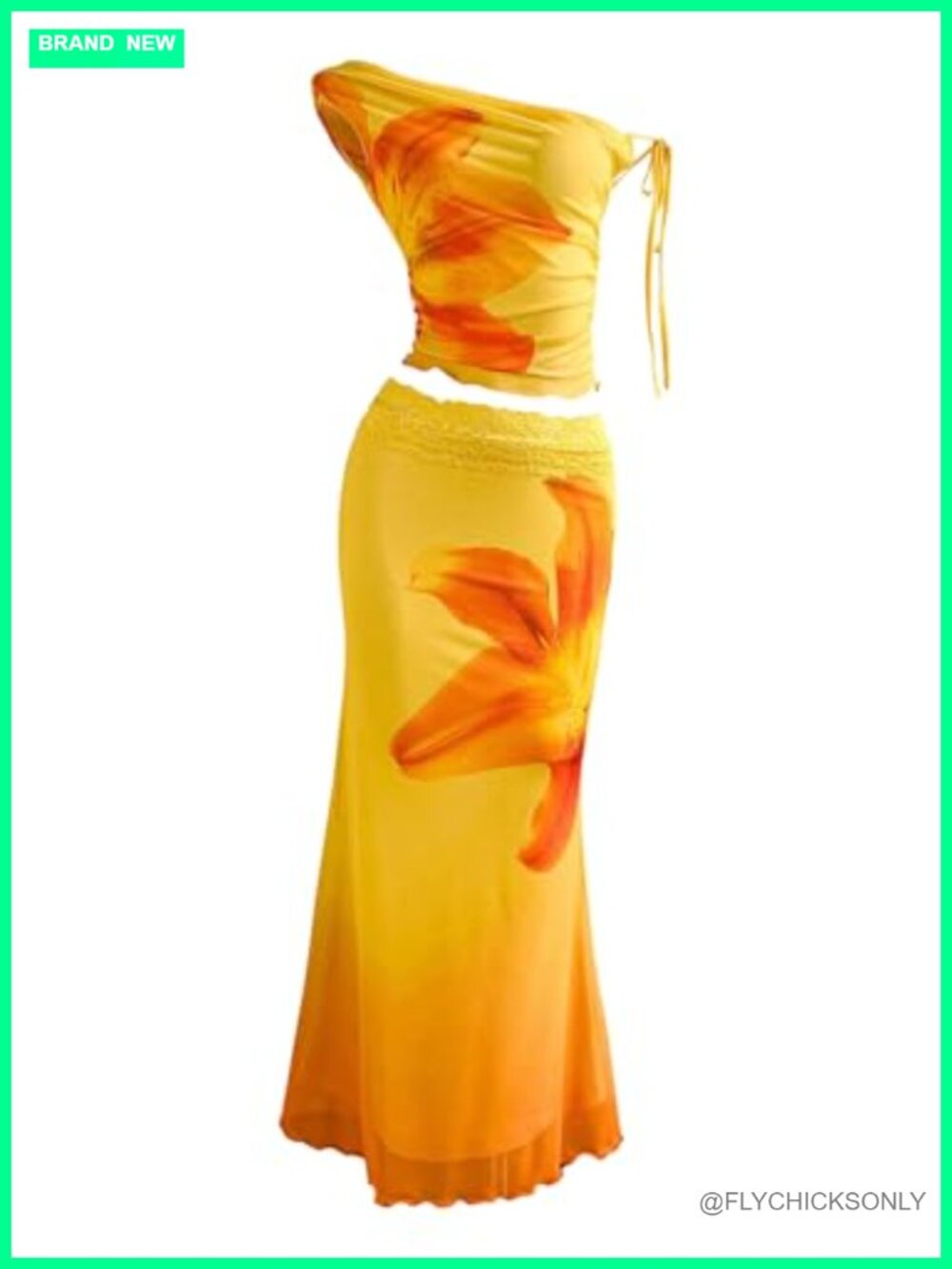 2 Piece Outfit Floral Mesh Ruched One Shoulder Crop Top and Maxi Skirt Set